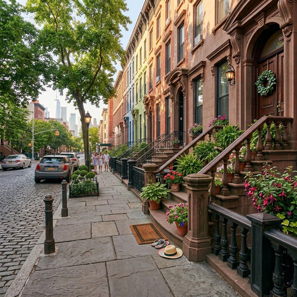 Classic Brooklyn brownstone block with stoops and cobblestone street